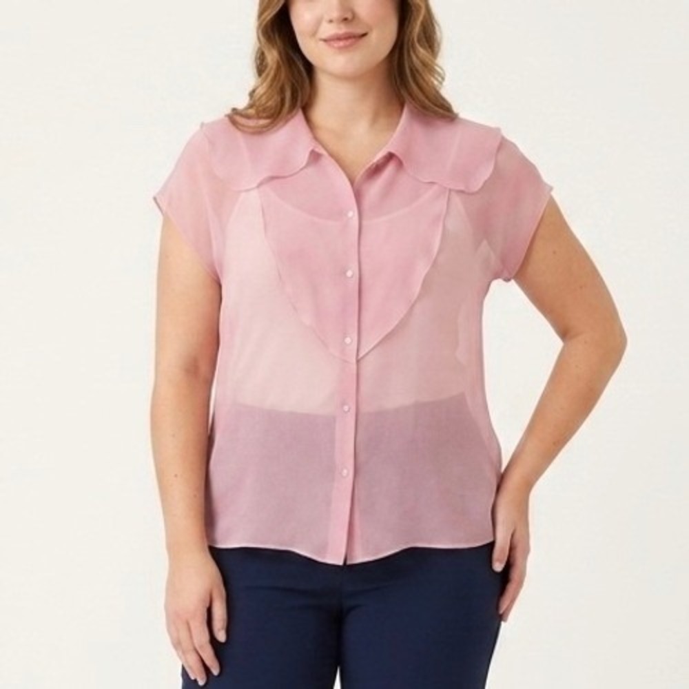 Chloe Pink 100% Silk Sheer Ruffle Peter Pan Collar Blouse 36 FR Small